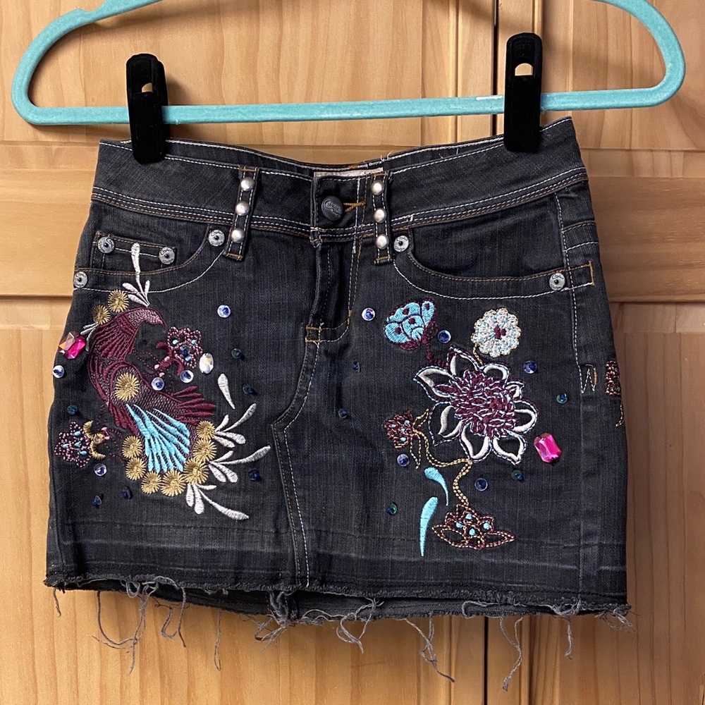 Candie's Vintage Black Embroidered Denim Mini Skirt Peacock Floral